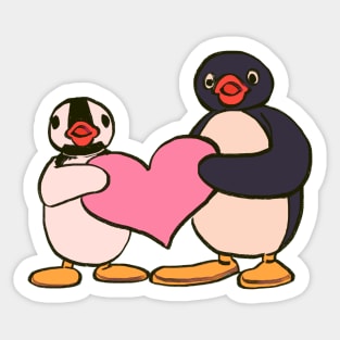 cute pingu and pinga penguin holding heart Sticker